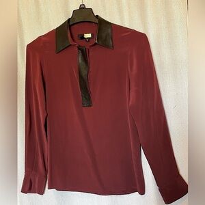 Shui Chen 100% silk blouse with lambs leather trim